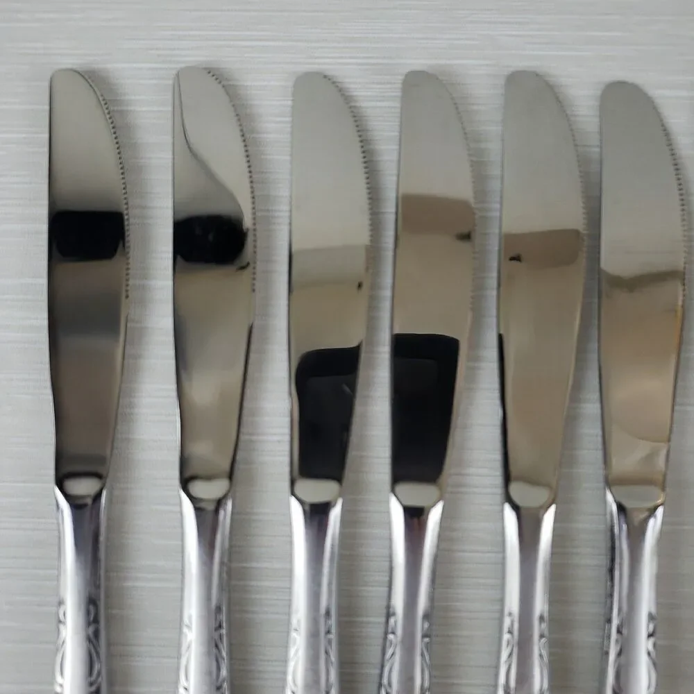Vintage Single Rose Stainless Steel Butter Knives 8 Pcs Silverware Japan MCM